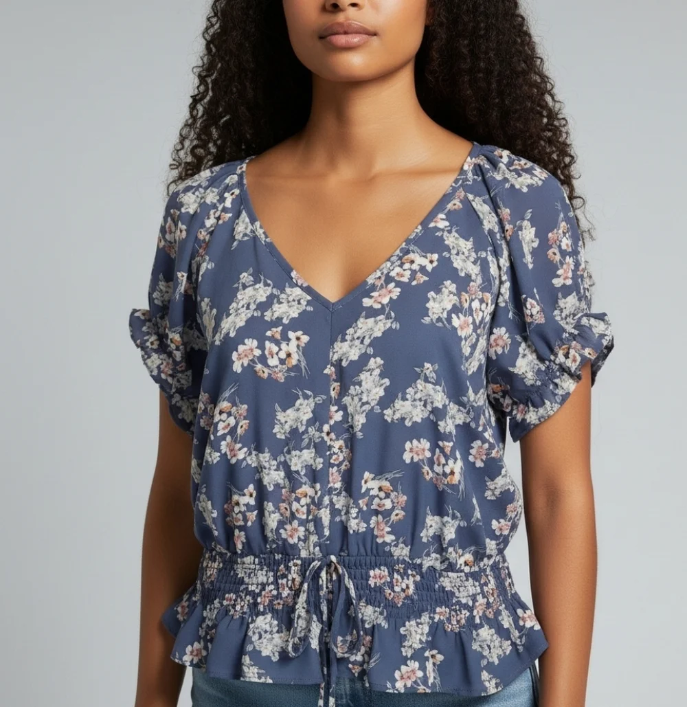 Sienna Sky Boho Puff Sleeve Ruffle Blue Floral V Neck Top Cottagecore M - Picture 2 of 11